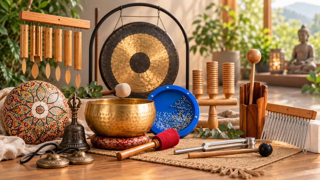 Sound Healing Instruments including singing bowls, chimes, tuning forks and drums